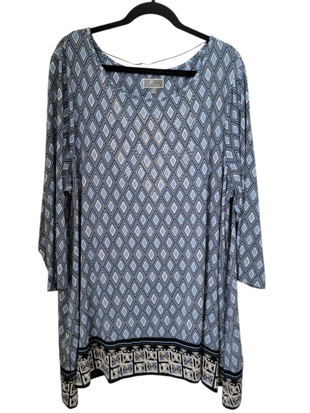 JM Collection Size 3X Blue & White Geometric Diamond Pattern 3/4 Sleeve Tunic